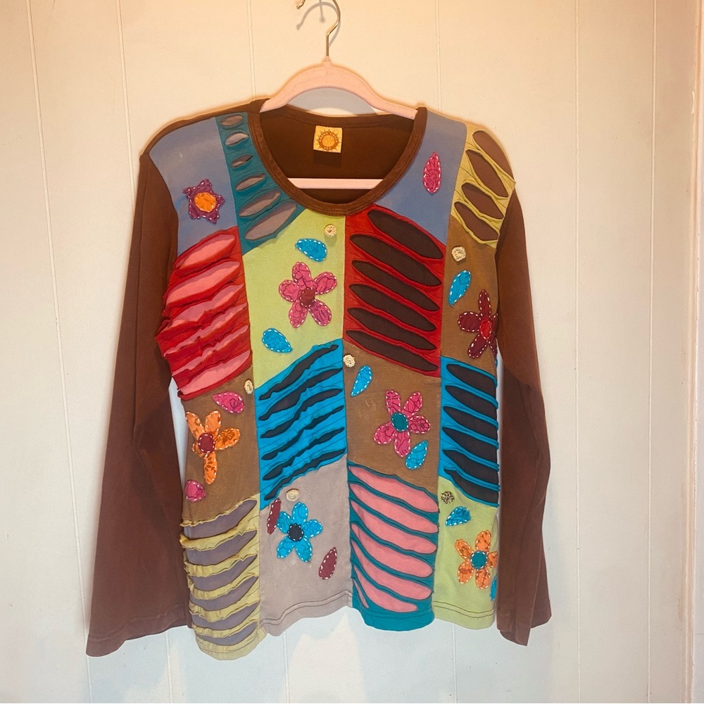 Karma Circle USA Boho Multi Color Patch Work Stonewash Womens Sweatshirt Size XL